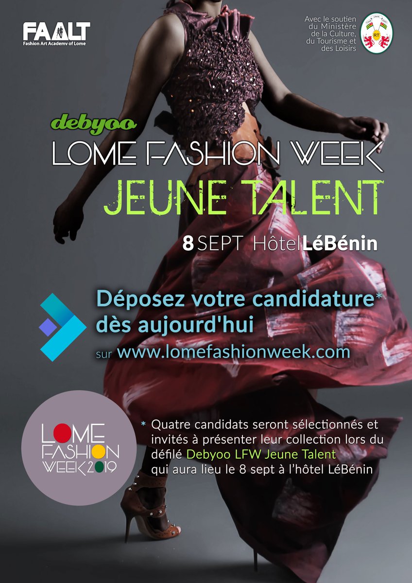 lomefw's tweet photo. Vous êtes jeune styliste? Déposez votre candidature sur https://t.co/21WoalatTD pour être sélectionné(e) parmi  les quatre candidats qui auront le privilège de présenter leur collection lors du défilé Debyoo Lomé Fashion Week Jeune Talent du 8/09 à l'hôtel LéBénin #lomefw https://t.co/kaaGw4TGuO
