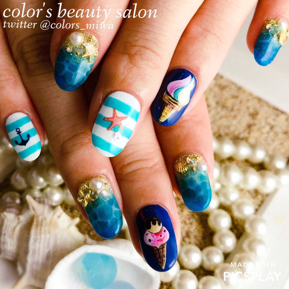 Color Sタカハシミワ お客様オーダー ディズニーシーで人気のジェラトーニネイル アイスクリームと水面とボーダーで夏真っ盛りネイルです めちゃくちゃかわいい 痛ネイル キャラクターネイル 水面ネイル 夏ネイル サマーネイル