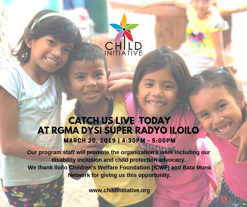 initiativechild's tweet photo. Catch us live today at RGMA DYSI Super Radyo Iloilo!
March 20, 2019 | 4:30PM - 5:00PM. We will promote our work including our disability-inclusion and child protection advocacy. For partnerships, email us at pom.childinitiative@outlook.com or visit https://t.co/tF3nN8wjji. https://t.co/3qW5R0u7HH