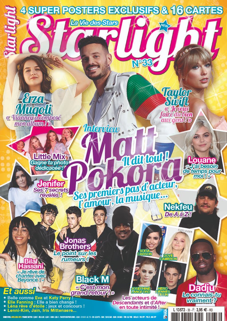 Ton nouveau <a href="/Starlightmag_/">Magazine Starlight</a> est dédié au talentueux <a href="/MPokora/">Matt Pokora</a> ! Retrouve aussi <a href="/taylorswift13/">Taylor Swift</a> , <a href="/ErzaOfficiel_/">Erza Muqoli</a> <a href="/iambilalhassani/">Bilal Hassani</a> <a href="/Bmesrimes/">BLACK.M</a> <a href="/LittleMix/">Little Mix</a> <a href="/iam_evaaa/">Eva</a> <a href="/Dadju/">DADJU</a> 
 et bien d'autres ! En bonus : 4 posters XXL et 16 cartes ! facebook.com/StarlightMag/) facebook.com/StarlightMag/