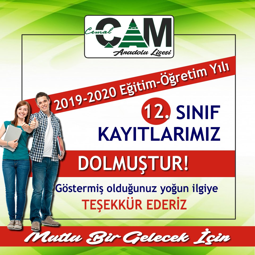 CEMAL ÇAM ANADOLU LİSESİ’NDE,12.SINIF KAYITLARIMIZ dolmuştur. Yoğun ilginize teşekkür ederiz.Ara sınıflarımızın “SINIRLI” sayıda kontenjanı ile kayıtlarımız devam ediyor…

İlginiz ve güveniniz bizim için değerlidir.Mutlu Bir Gelecek İçin Cemal Çam Anadolu Lisesi”