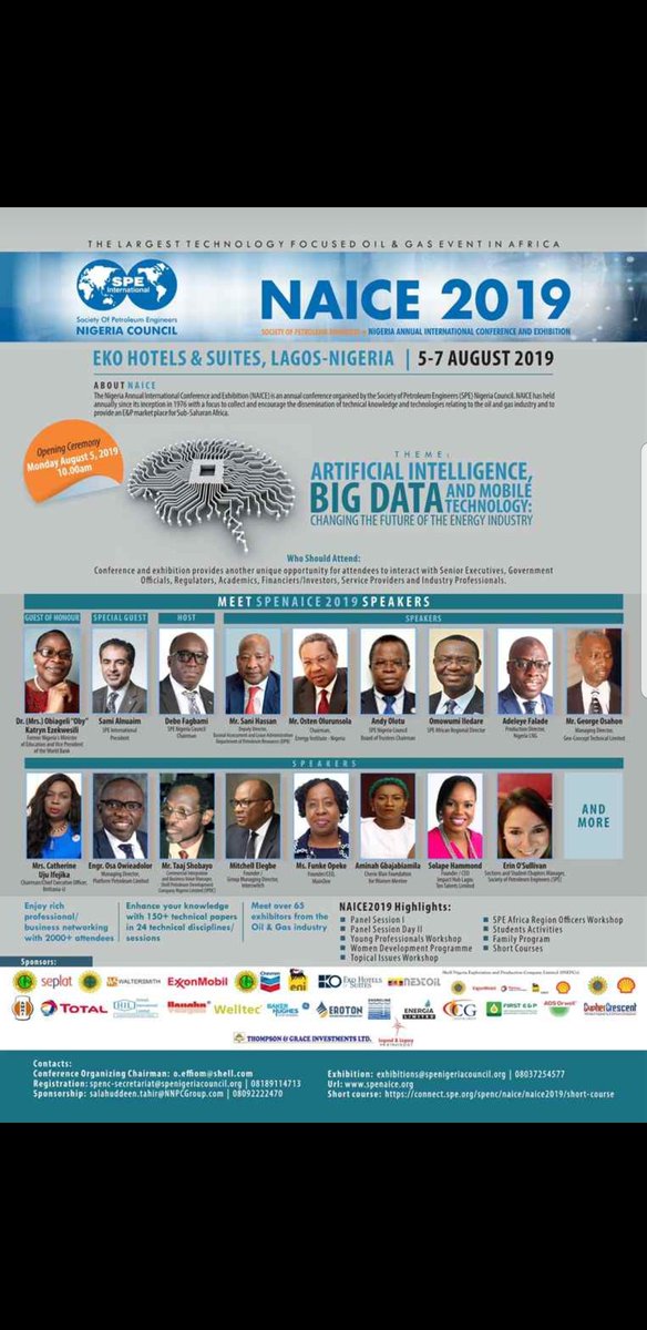 SPEBenin's tweet photo. NAICE 2019 is here. We are bringing the best and the brightest together under one roof, in Lagos, Nigeria.
Be there, don't be told.
@SPEtweets @Energy4me @SPE_NIGERIA #spengineers #spenigeria #spebenin #specares https://t.co/NdhVOM2HVI