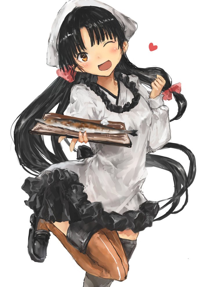 shouhou (kancolle) 1girl kappougi solo long hair black hair one eye closed apron  illustration images