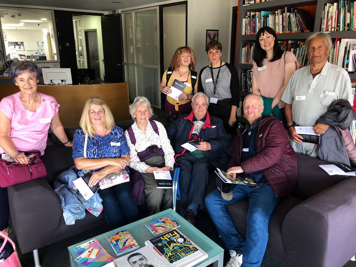 LiverpoolCares's tweet photo. Older and younger neighbours have come together today to enjoy @FACT_Liverpoolโs new exhibition, REAL WORK, with installations from #LizMagicLaser and #CandiceBreitz https://t.co/f7HqQgPM0r