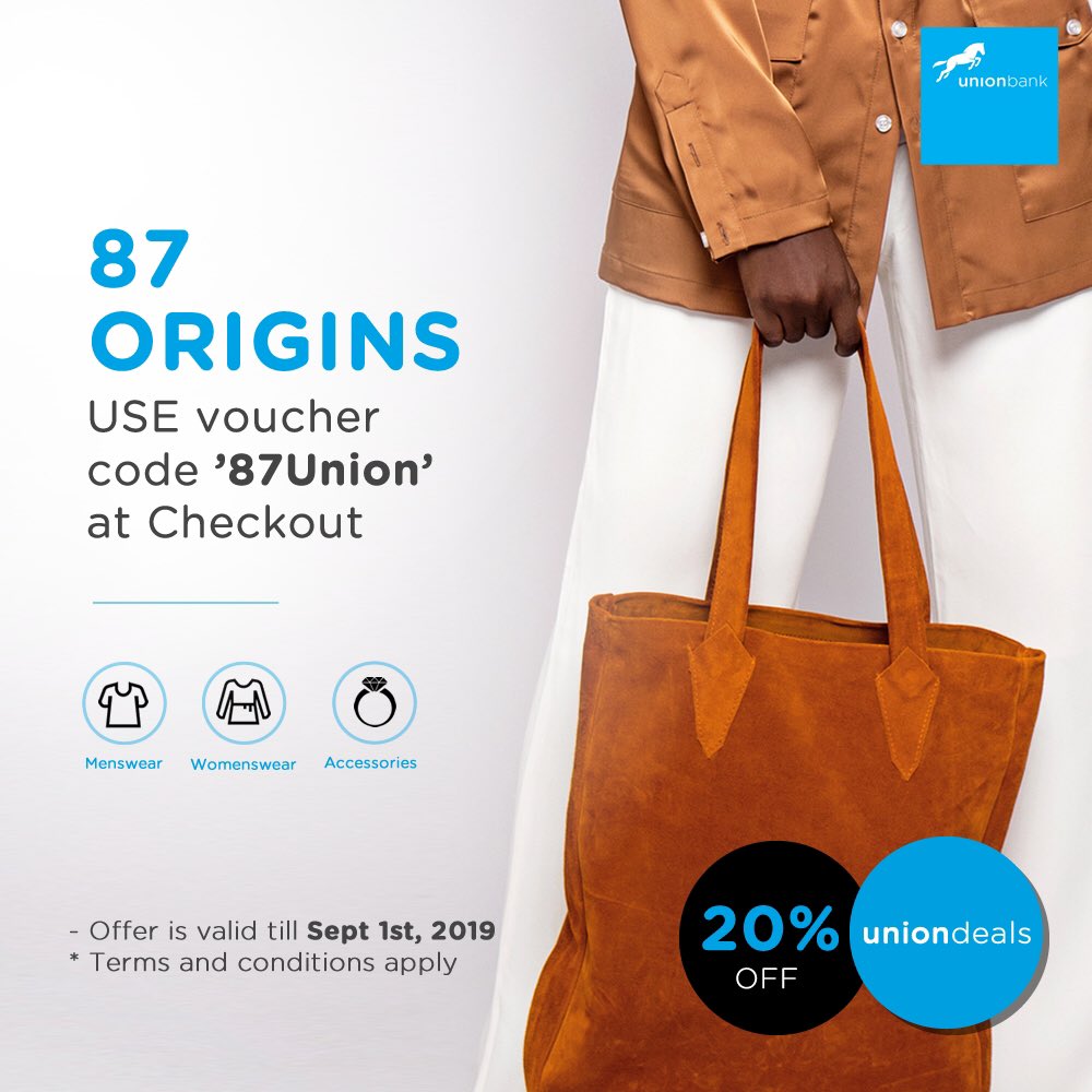 UNIONBANK_NG's tweet photo. Get your slay on this weekend!
Shop @87Origins 😉
Use code “87Union” at checkout for a 20% discount.
Don’t say we didn’t show you the plug. 🔌
#UnionDeals #Fashion #WeekendSlay #Saturday #Weekend #Discounts #UnionBank #YourSimplerSmarterBank https://t.co/P7wnwmAdl0