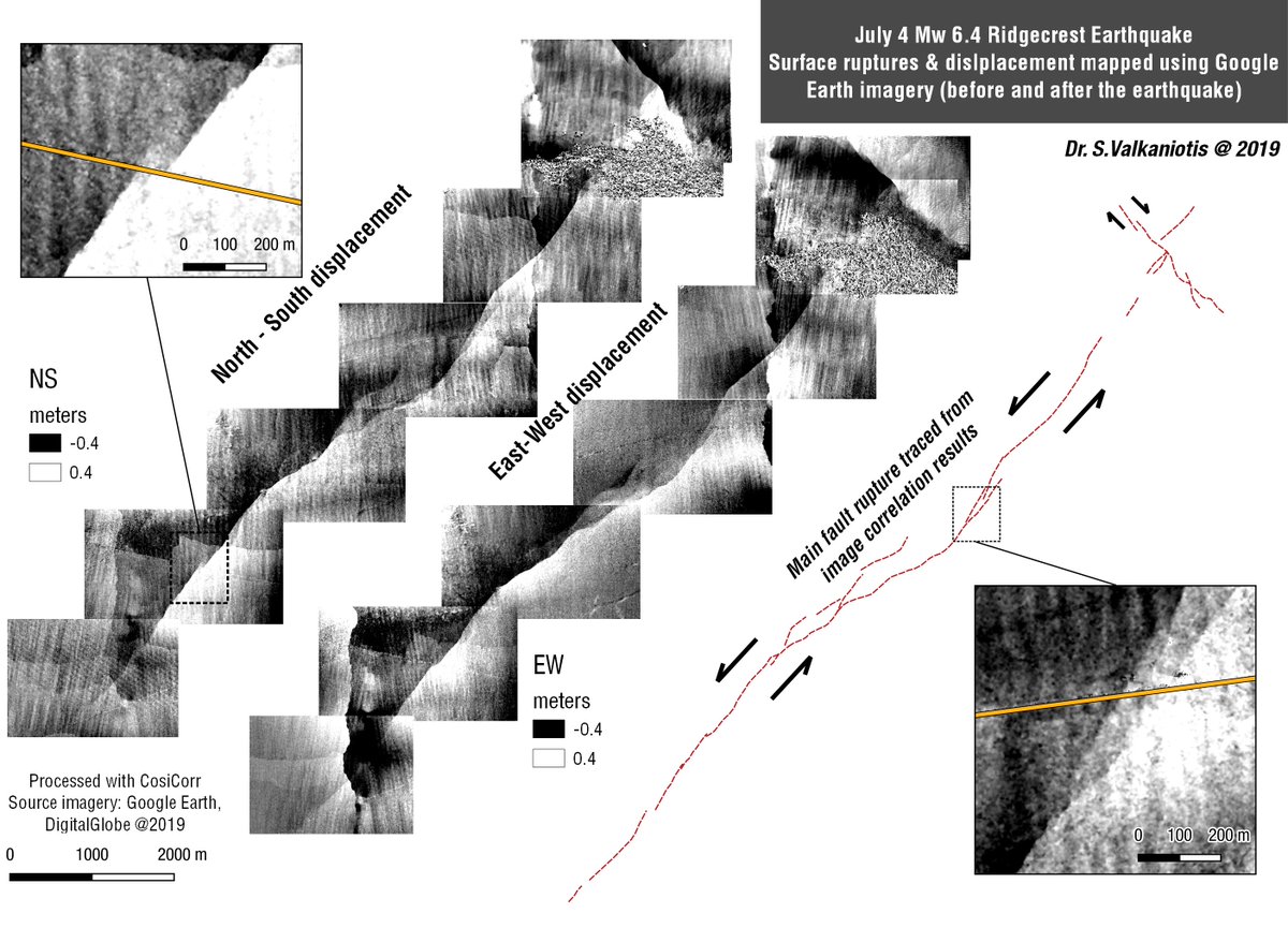 SotisValkan's tweet photo. High resolution displacement from image correlation using pre- and post- eq Google Earth images The July 4 #RidgecrestEarthquake Mw 6.4 rupture is visible in detail, up to the junction with the Mw7.1 NW-SE rupture. A lot of noise/errors but even w/ GE can identify fault features. https://t.co/VYxy53TiZ6