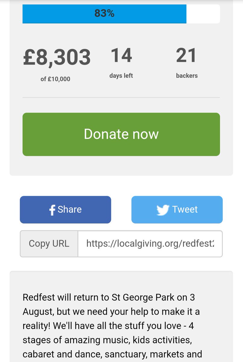 Two weeks to go until Redfest!
Yes!!!
But... We've still got some way to go to cover its costs.
If you love Redfest (and who doesn't) donate today so we can do it all again in the future.
localgiving.org/appeal/redfest…