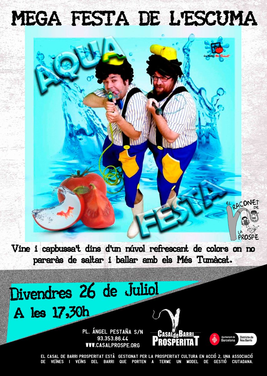 CasalBProspe's tweet photo. Vine i capbussa't dins d'un núvol refrescant de colors on no pararàs de saltar i ballar amb @MESTUMACAT Un espectacle per ballar-se de riure i per remullar-se de festa!. Porta banyador!!

#Prosperitat #prospe #Noubarris #festa #escuma #megafesta #aqua #animació #aigua https://t.co/EOaqEEDV7q