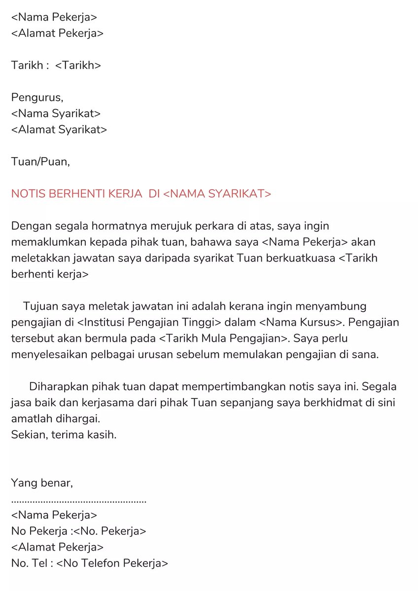 Resume Kreatif On Twitter Contoh Rasmi Surat Berhenti Kerja Jangan Menyusahkan Pihak Majikan Dengan Keluar Dari Syarikat Tanpa Bersebab Dan Tiada Hitam Putih Ini Contoh Surat Resign Dalam Bahasa Malaysia Yang Boleh