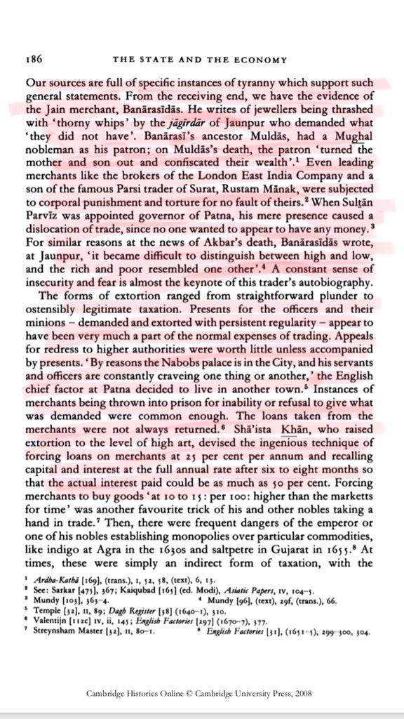 40/n Irfan Habib further talks about extortion & tendency to not return loan taken from merchants. The merchants were always lived in fear of showing the wealth they had. Snippet: pg 186Definitely life of merchants was horrible in Mughal period.