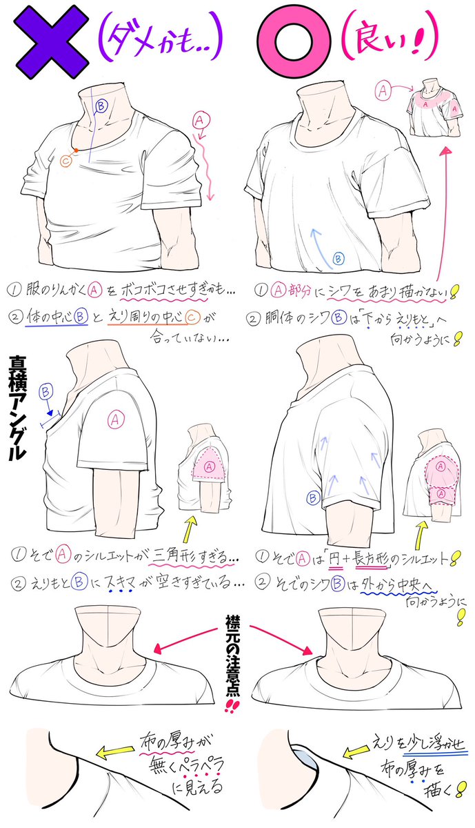 吉村拓也 イラスト講座 A Twitter Tシャツの描き方 服のシワや袖まわり が上達する ダメなこと と 良いこと