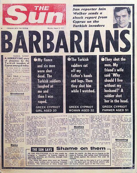 The front page of the English newspaper “the sun” on atrocities after the Turkish invasion in Cyprus on July ‘74. They still keep illegally 39% of the island. #Cyprus #Cyprus1974