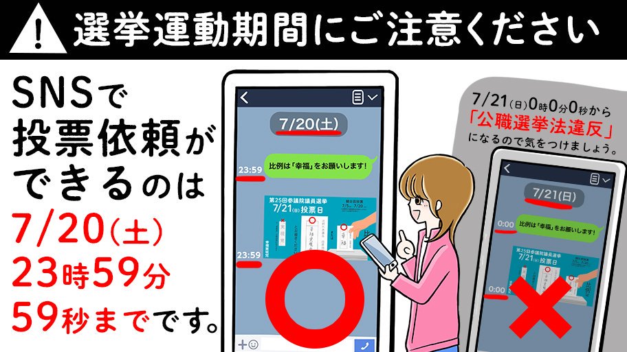 hr_party_TW's tweet photo. 【選挙期間最終日インターネット選挙運動の注意点】

1)SNS(Line,Facebook,Twitter等･･･）で投票依頼ができるのは、7月20日(土)23時59分59秒まで可能です。

2)7月21日(日)0時0分以降は、選挙期間中の投稿に「いいね」「リツイート」「シェア」「コメント」はできません。 https://t.co/DOKTaMZjPF