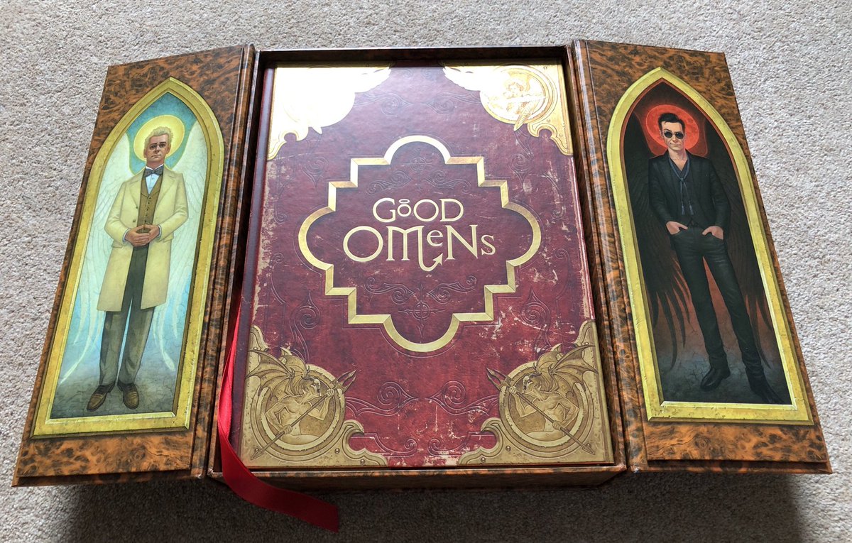 A thing of beauty is a joy forever. Sharing a few pictures of my ineffable edition of  @GoodOmensPrime that arrived this morning - a work of brilliance by two of my favorite authors,  @neilhimself and  @terryandrob