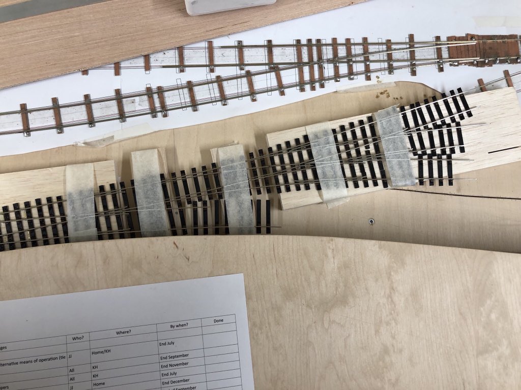 ModelRailClub's tweet photo. Points under construction for our new EM gauge layout Orchard Wharf. The group meets most Friday evenings at Keen House and welcome new members. #trackbuilding #modelrailways #TMRGUK https://t.co/fvuCK6Noqu