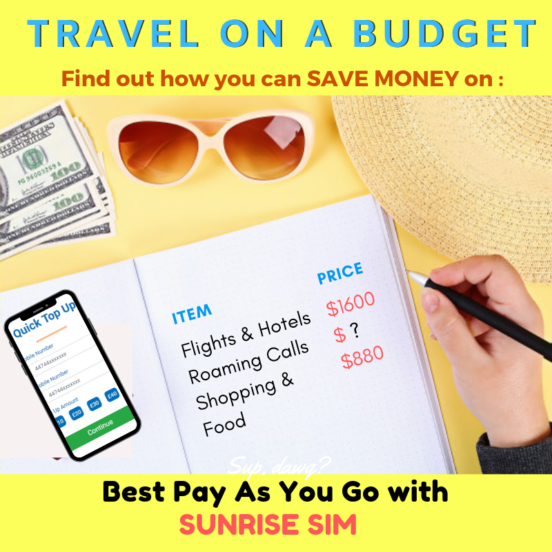Find out the ways how we can travel on a budget and save hundreds of bucks by following simple tips.

Visit bit.ly/30LLH5M

#sunrisesim #sim #bestsim #UK #London #travelsim #flights #travelplanning #food #shopping