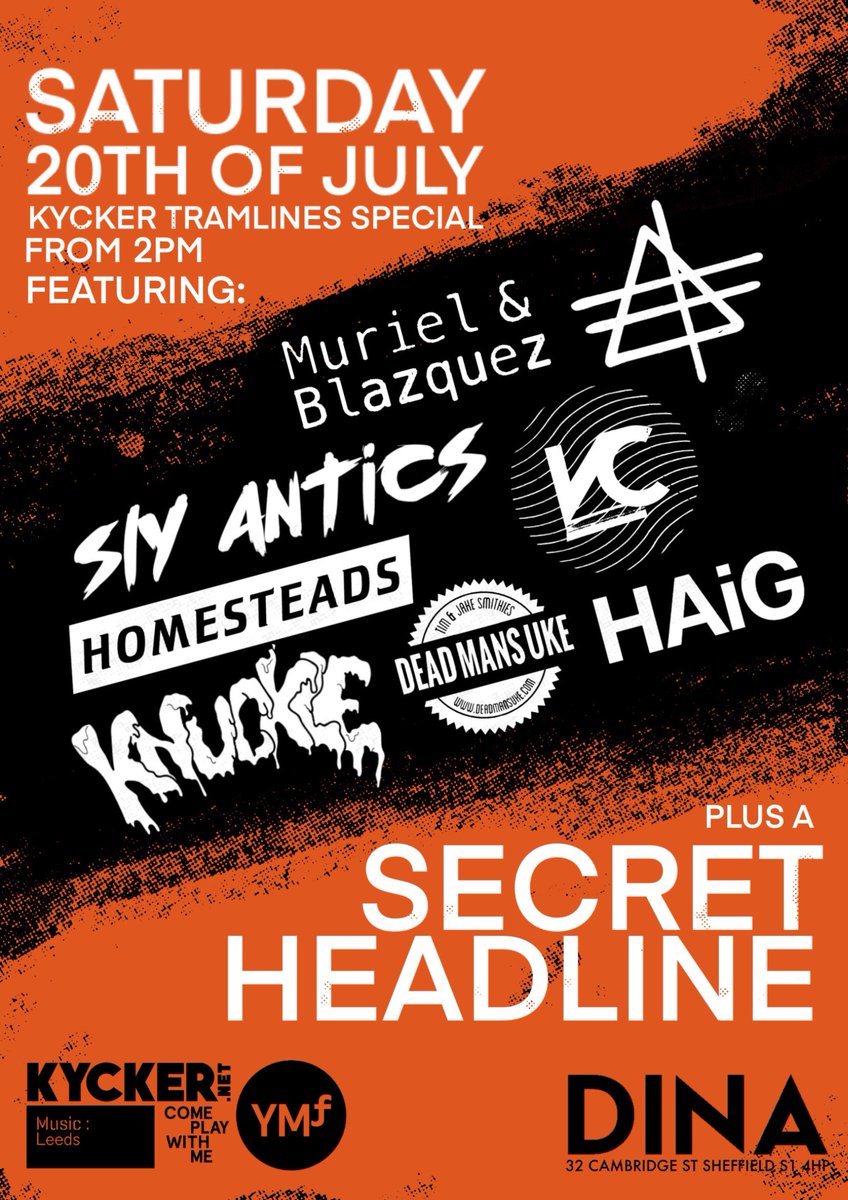 Today for FREE from 2pm <a href="/DINAvenue/">DINA Venue</a> 
@slyantics <a href="/murielblazquez/">Muriel & Blazquez</a> <a href="/Deadmansuke/">Dead Mans Uke</a> <a href="/VioletContours/">Violet Contours</a> <a href="/Homesteadsband/">Homesteads</a> <a href="/weareknuckle/">Knuckle</a> <a href="/WeAreSouthpaw/">SOUTHPAW</a> <a href="/HAiGband/">HAiG</a> 
with our friends <a href="/yorkshire_forum/">YorkshireMusicForum</a> <a href="/higher_rhythm/">Higher Rhythm MUSIC | MEDIA | OPPORTUNITY</a> @_musicleeds @comeplaywith