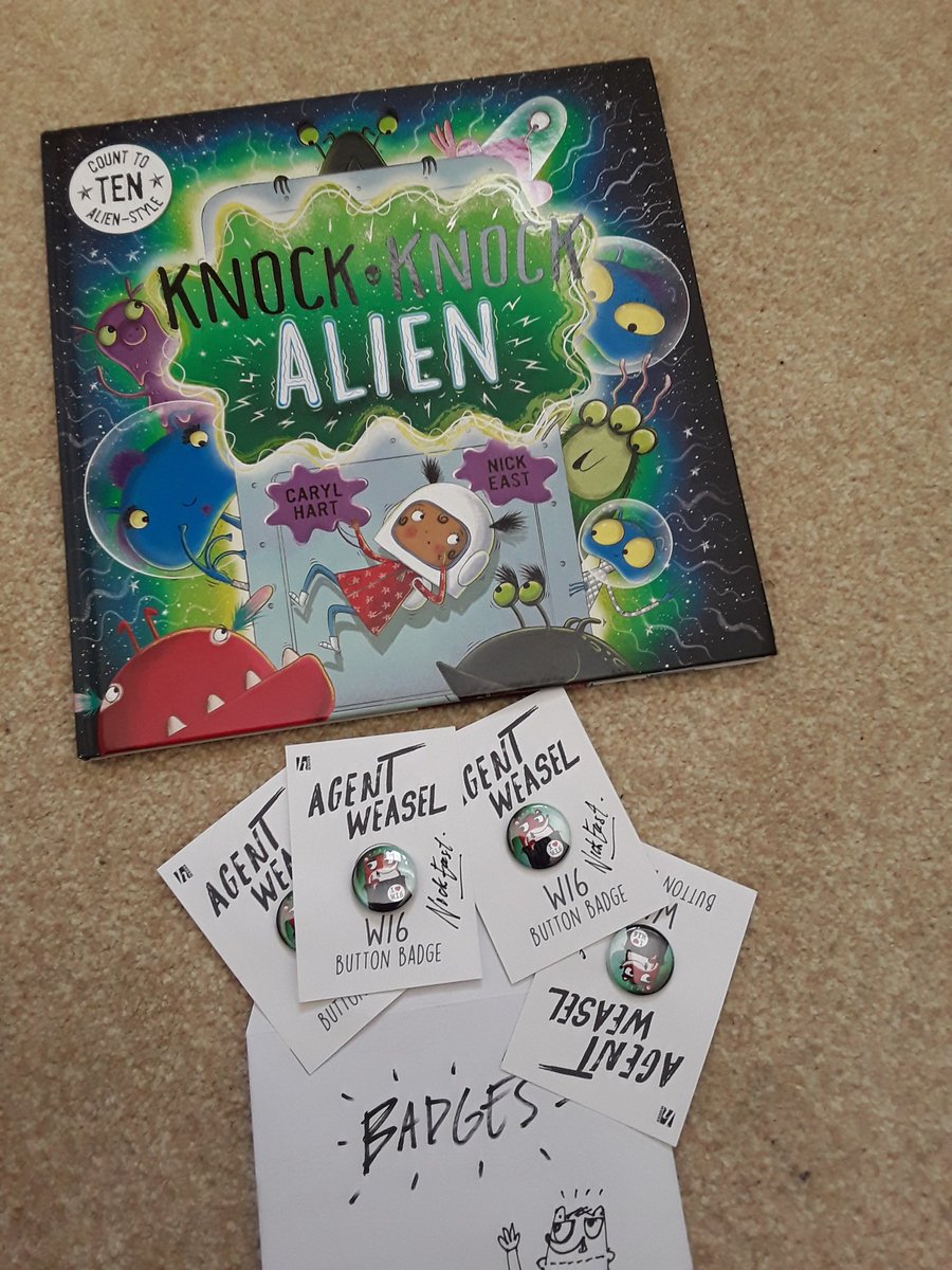 CbgPlain's tweet photo. A million thank you's @EastyNick ! What a lovely surprise to have this beautifully signed copy of Knock knock Alien in with our Agent Weasel badges! Thses beauties will all be heading to our book group launch day in September! ( much to my 5 yr olds disgust!! 😉😉). https://t.co/Dt04qJpxpv