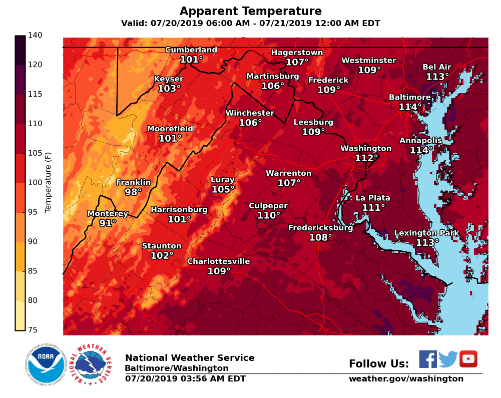 fairfaxcounty's tweet photo. MT @ReadyFairfax: ❗️Excessive heat day 2: Heat indices are forecast to climb to 105-115º over much of the area today. Dangerously hot conditions will continue through Sunday. Stay cool and hydrated. 😎🚰 https://t.co/EGVoR5pcT1 https://t.co/Al08MnLtn7