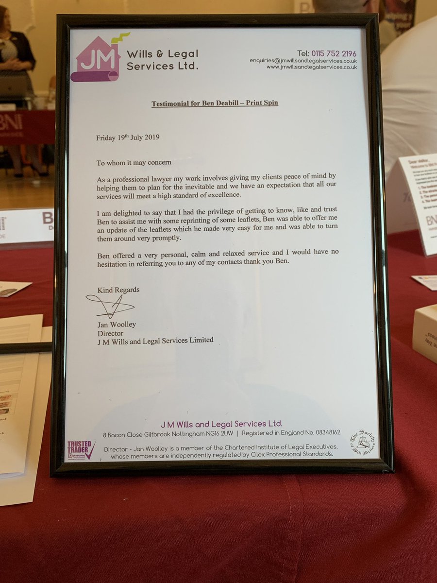 printspin's tweet photo. Was delighted to receive these two written testimonials  at BNI Parkside yesterday 😃😃

#printing #bni #printspin https://t.co/YxsGE0UsI7