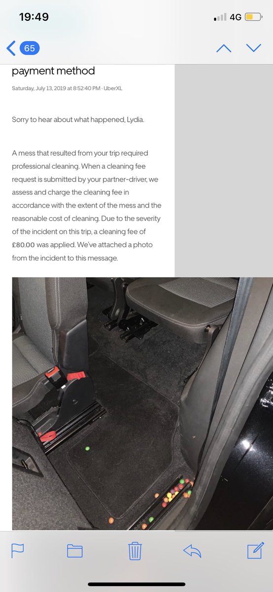 lydwillx's tweet photo. Can’t believe I’ve had an £80 charge from @Uber for ‘the severity’ of some spilt skittles 😂😂😂😂😂 https://t.co/MKHnx1Pemi