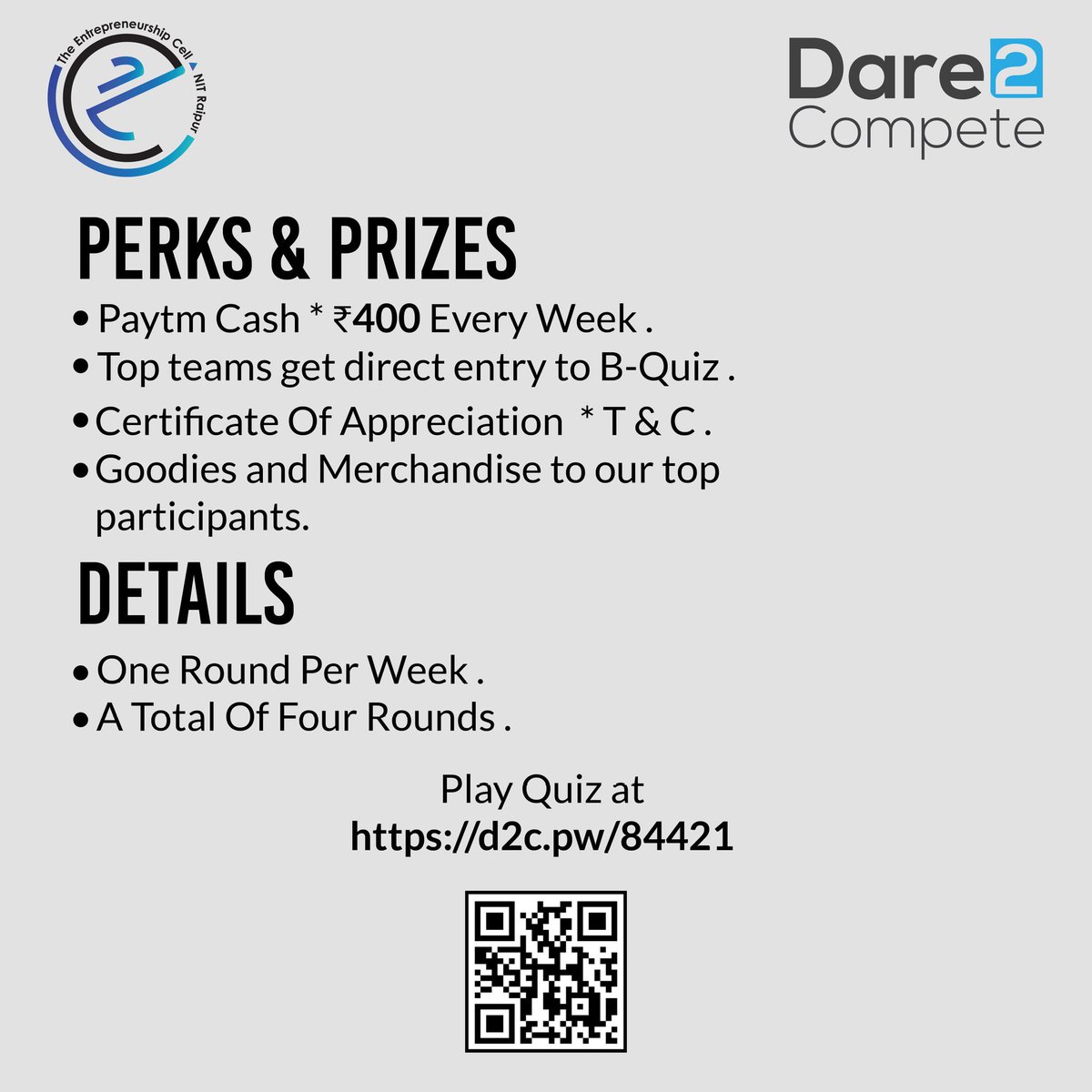 ecell_nitrr's tweet image. Challenges are great opportunities in disguise. And if you aren't ready to accept challenges, #Entrepreneurship isn't for you. This moment is yours to make.
Do you have, what it takes, to get through the nerve wracking #Quiz of ours?
Play at
d2c.pw/84421