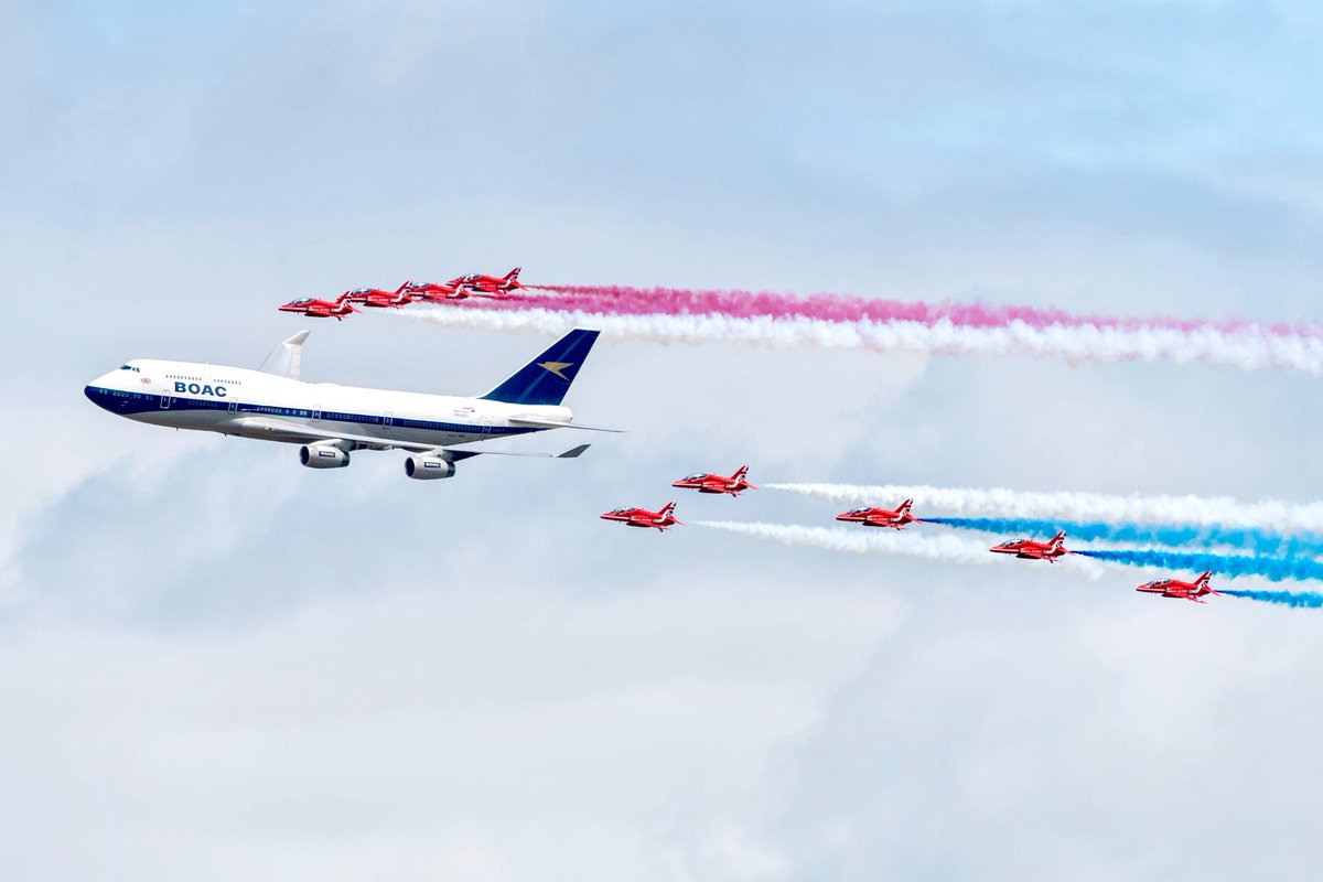 How many aircraft does it take to perform a spectacular British Airways Centenary fly by alongside the <a href="/rafredarrows/">Red Arrows</a> at the Royal International <a href="/airtattoo/">Royal International Air Tattoo</a>..? 10, including our BOAC Queen of the Skies! #BA100 #Centenary #RIAT19 #747 #BritishAirways