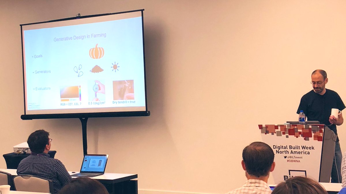 KCMarchitect's tweet image. Off to a great start for the final day of #DBWNA... @ZachKron &amp;amp; @radugidei going deep with concepts of #GenerativeDesign, abstracted comparison to adjacent industries, &amp;amp; the occasional hilarious reference! 🎃