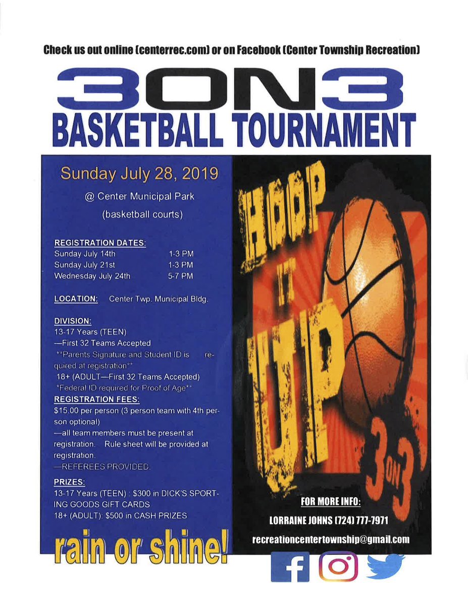 CenterRecDept's tweet photo. Who’s coming to the 3v3 Sign ups tomorrow? 1-3pm at Center Township Municipal Building. https://t.co/cczGcSCVu4