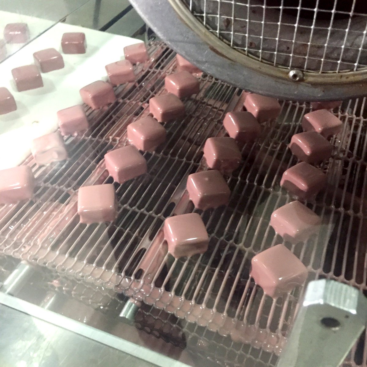 ChocBernCal's tweet photo. Behold the enrobing of our Raspberry Sea Salt Caramel with #ruby couverture. If only pictures could impart taste. 📷😋 I guess that’s where the imagination kicks in. Right? 😋 Who’s there?
*
#RubyCacao #ChocolaterieBernardCallebaut #MadeinAlberta #ChocolateTogether https://t.co/cEcAJVKlB1
