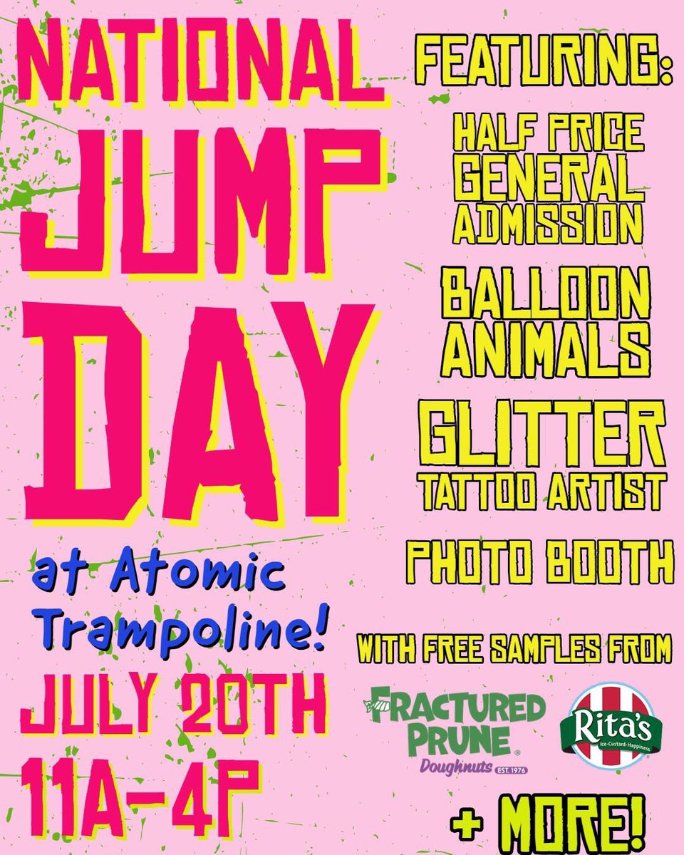 AtomicTrmpoline's tweet image. TODAYS THE BIG DAY!  #NationalJumpDay!  Come jump #HalfOff from 11am to 4pm and enjoy a bunch of other fun activities!  Tickets only available for purchase at the front desk!  Online sales are not eligible for the promotion.  #atomictrampoline #saturday