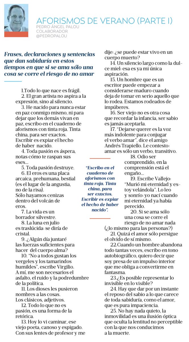 jrisco's tweet photo. Interrumpo este silencio vacacional sólo para recomendar unos aforismos del MAESTRO @pedropalou que podrían cambiar la vida de más de un lector. En la mía lo hizo. 

[vía @elheraldo_mx] https://t.co/TfcXka1ncV
