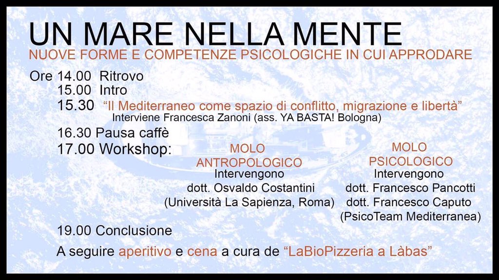 In corso la formazione del team di psicologi per #mediterranea Un mare nella mente, organizzata dal laboratorio salute popolare di #Làbas. Qui il programma completo facebook.com/events/3723912…