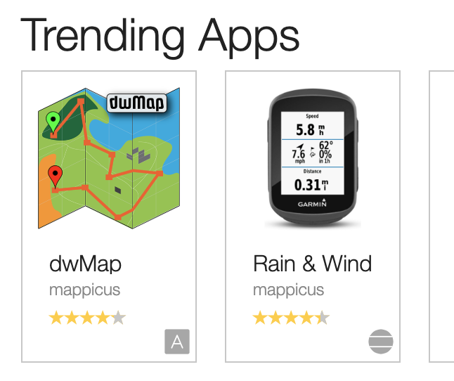 dynamicwatch's tweet photo. Awesome to hold 1st &amp; 2nd places with #dwMap &amp; #routeCourse in Trending Apps section of @Garmin #ConnectIQ App Store earlier this week! Maybe lots of @GarminFitness watches &amp; Edge GPSes bought for @amazon #AmazonPrimeDay need top route &amp; realtime weather app/data field for them? https://t.co/zvELPdV2nw