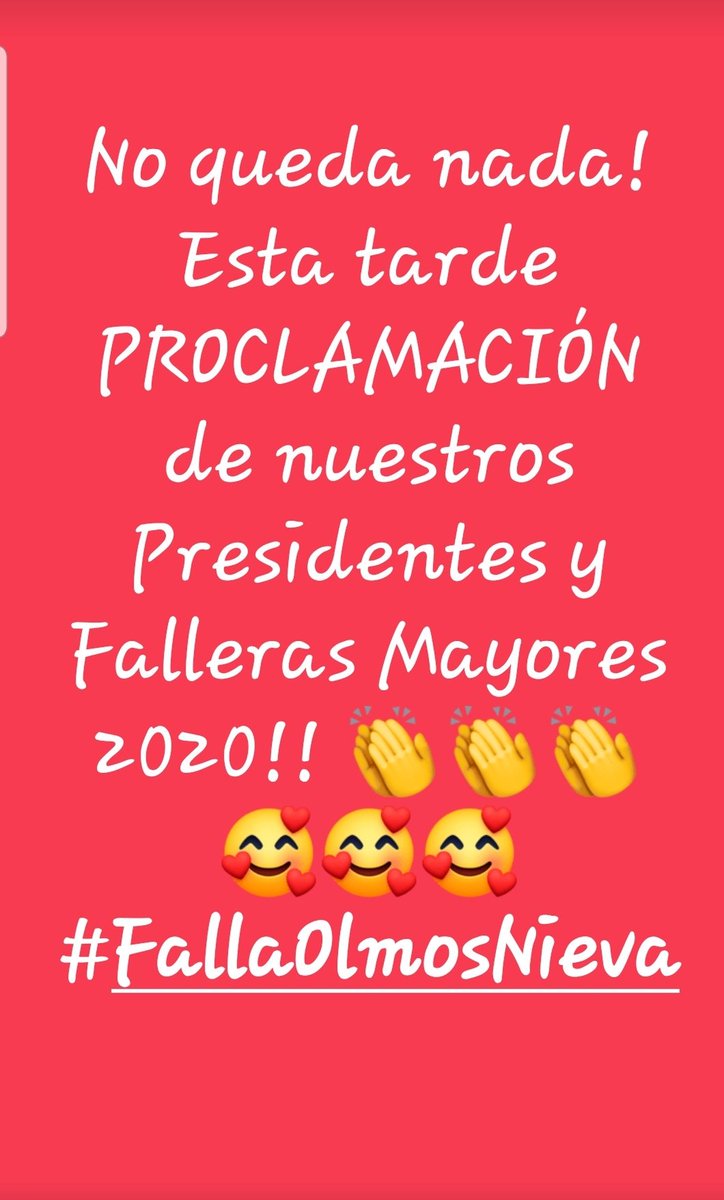FallaNieva's tweet photo. No queda nada! Esta tarde PROCLAMACIÓN de nuestros Presidentes y Falleras Mayores 2020!! 👏👏👏🥰🥰🥰
#FallaOlmosNieva https://t.co/h4RJu4Cysd