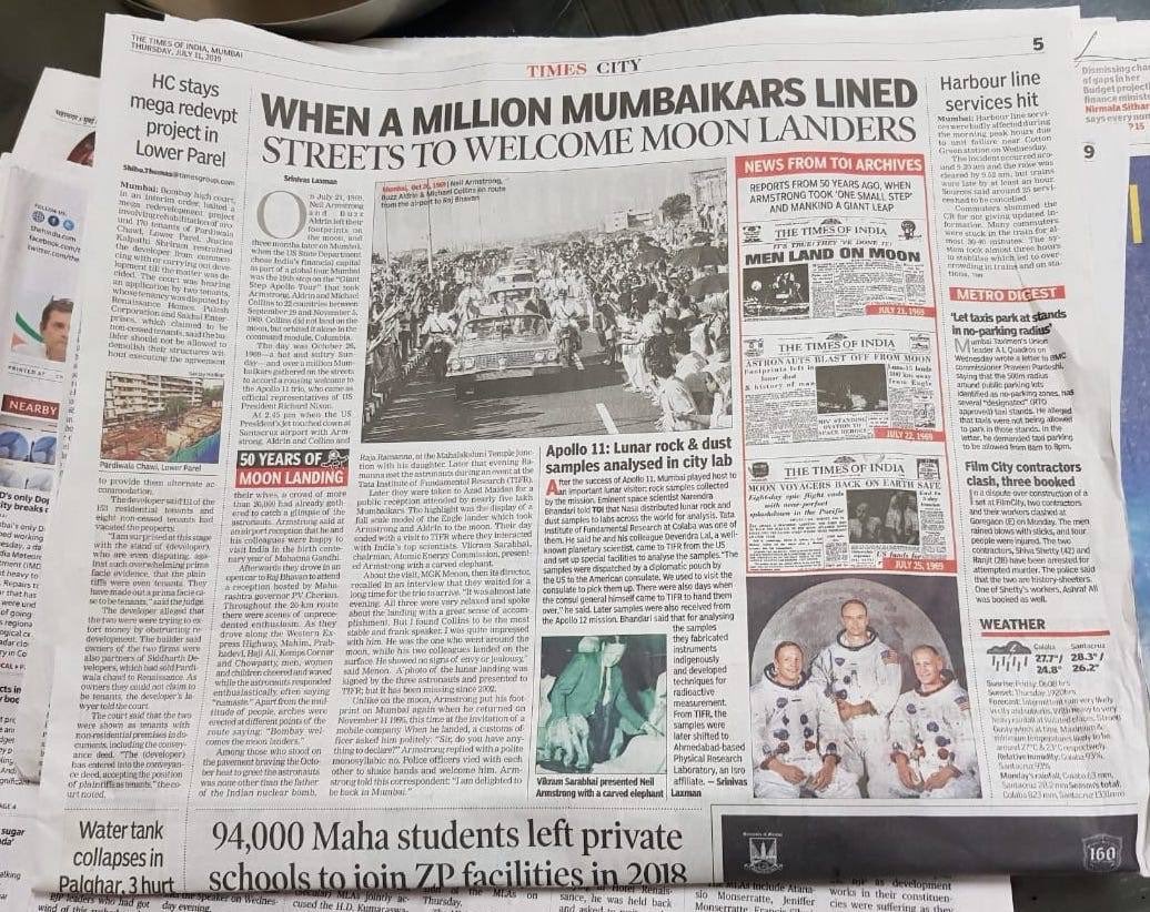 #USIndia strategic partnership reaches all the way to #SpaceCooperation. We are delighted to see @TimesOfIndia remember @NASA Apollo 11 astronauts’ visit to #Mumbai 50 years ago.