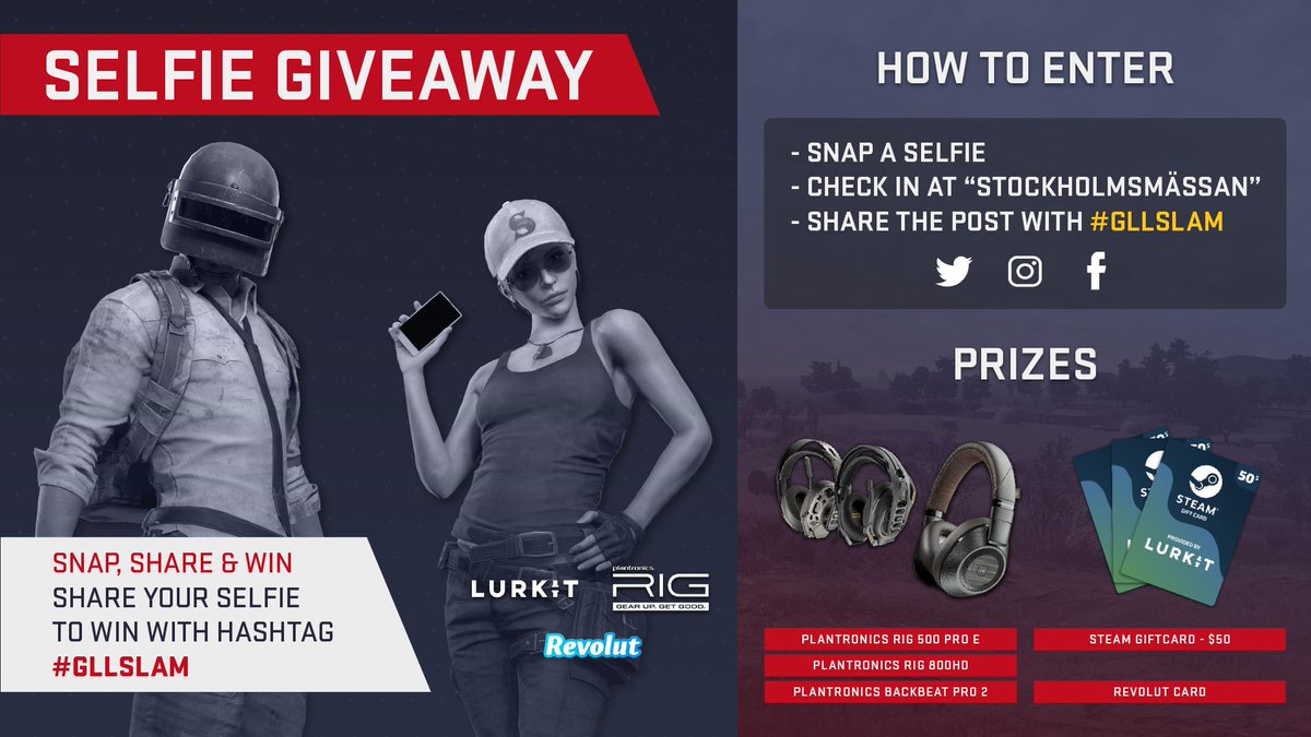 Enjoying the #PUBG Classic action at the Grand Slam venue? 

Make sure to snap a selfie, check-in at “Stockholmsmässan” and tag the post with #GLLSlam to enter our venue giveaway! 🤳

Prizes provided by: @LURKITcom, @RIG_Gaming & @RevolutApp

#GLLSlam