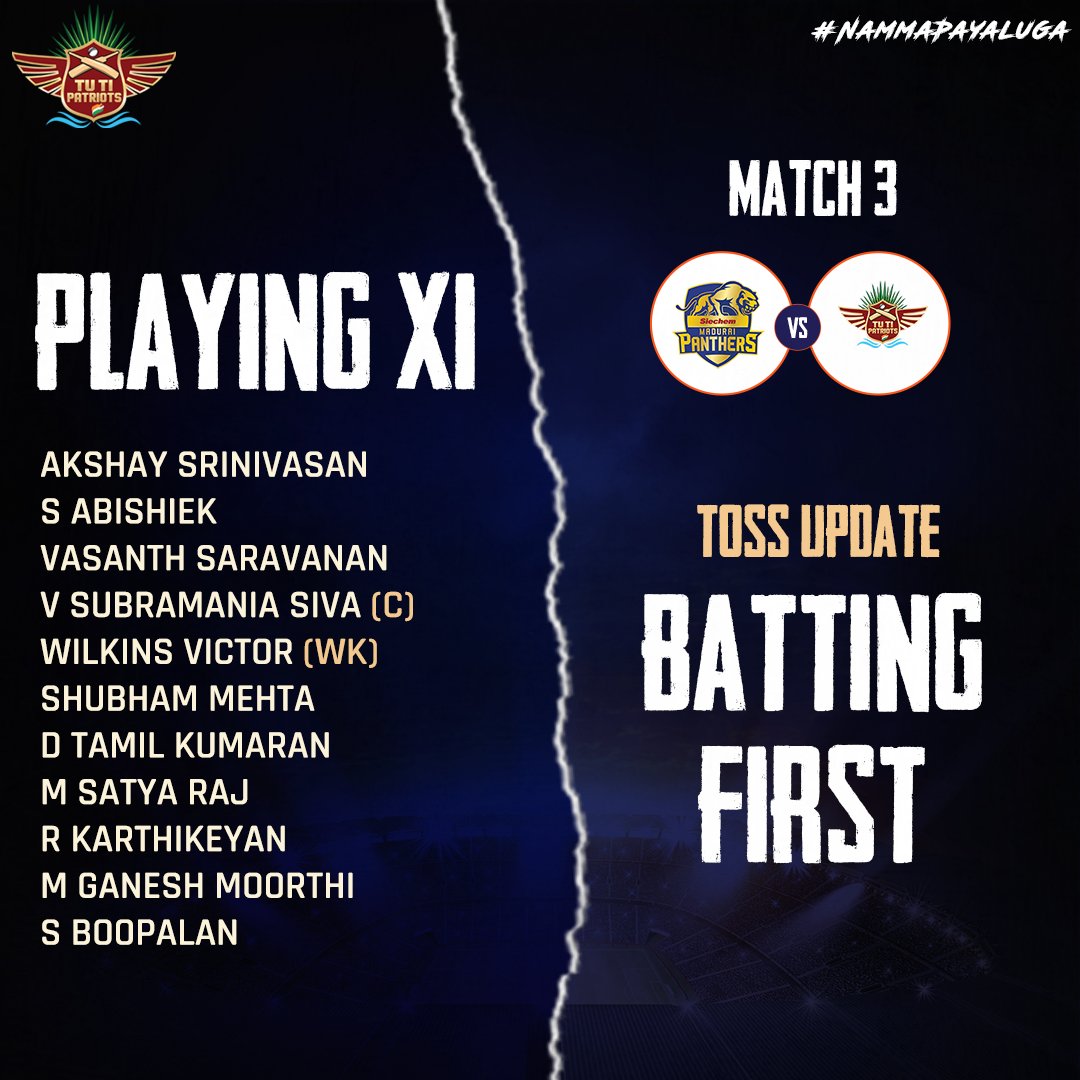 TUTI_PATRIOTS's tweet photo. Our Playing XI for today's clash! ✌

#NammaPayaluga #TNPL2019 #TutiPatriots #SMPvTP https://t.co/Ep0XLT7LdO