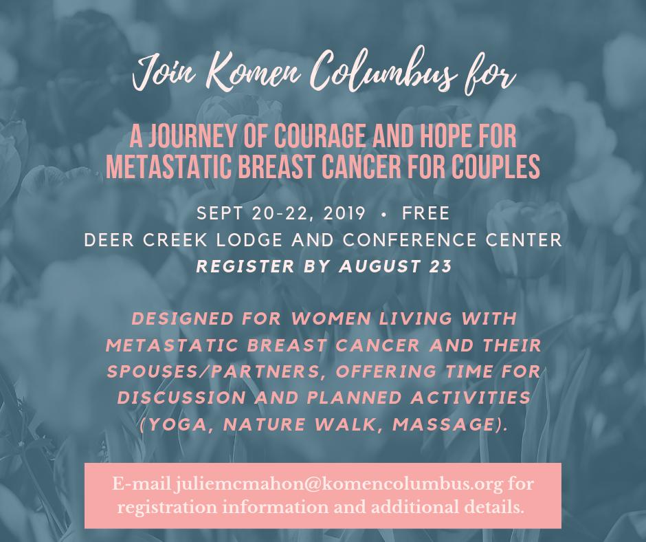 KomenColumbus's tweet photo. Dealing w/ #mbc requires endurance, hope, support, &amp; sharing. This weekend is an opportunity for women and their spouse or partner to retreat and experience a program of healing &amp; renewal. #mbc @OSUCCC_James @OhioHealth @MountCarmel @CancerSupportOH @PinkRibbonGirls https://t.co/eOvjTlAPG6