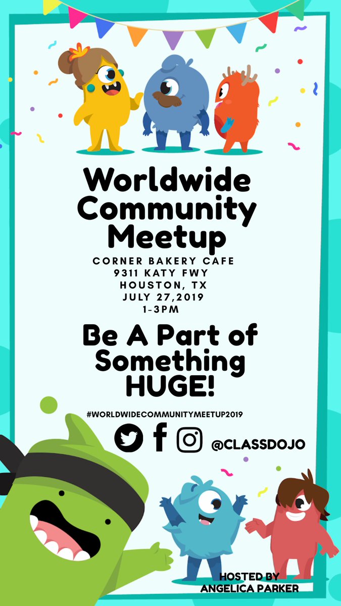 MidMathMsParker's tweet photo. Attention ALL Houston Educators! 🗣🗣🗣🗣🗣🗣🗣🗣🗣🗣🗣

On July 27th, come be a part of something huge! Hope to see you there! 🤗 #WorldwideCommunityMeetUp2019 @ClassDojo https://t.co/iqSO7nRoV3