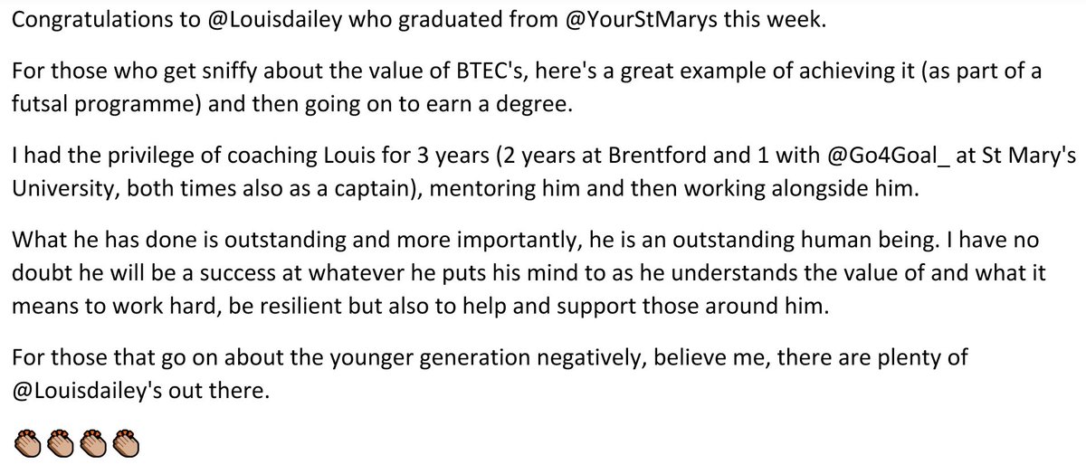 Congratulations to one of our <a href="/StMarys_FC/">Simms Football and Futsal Club</a> First Team Futsal captain's, <a href="/Louisdailey/">LJD</a> on achieving his degree and so much more...👏🏼👏🏼👏🏼