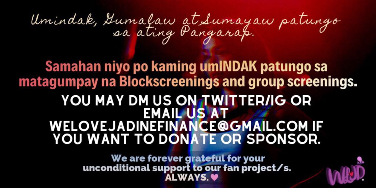 WeLoveJaDine's tweet photo. Kumakatok po kami sa mga mabubuti ninyong puso para sa success ng #IndakBlockscreening namin.
Pwede nyo po kami i-DM if you want to donate or sponsor π https://t.co/62Cr4LZiKr