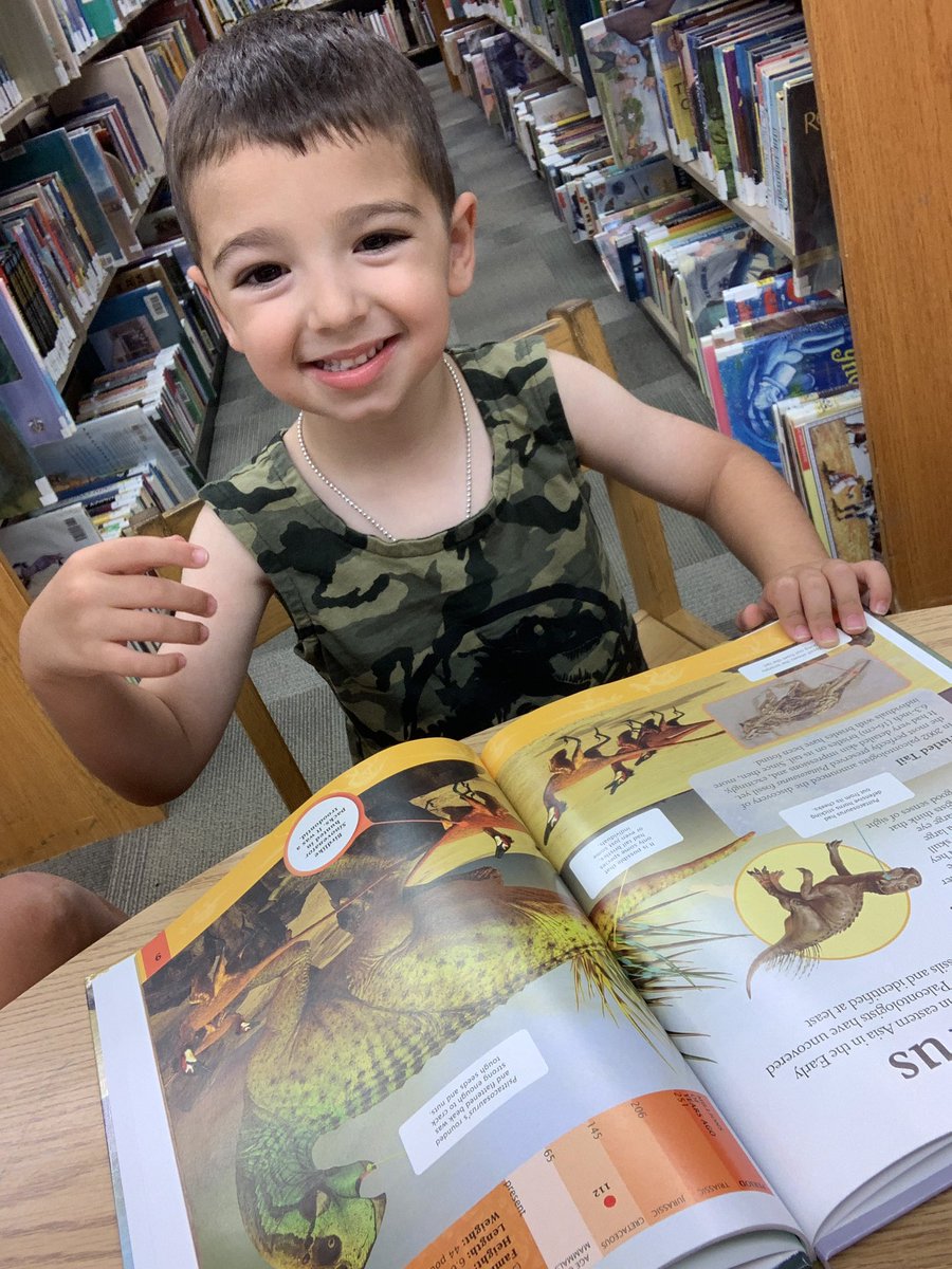 MrsBaldizzone's tweet photo. Picked out some new library books about dinosaurs (are you surprised?) and got a new book to keep as a prize for reading 40 books! Hoping to get to 100 by the end of summer. #prekprep #summerreading #publiclibrary @MonCoLibrary #teachermama https://t.co/OA7L4qPTkR