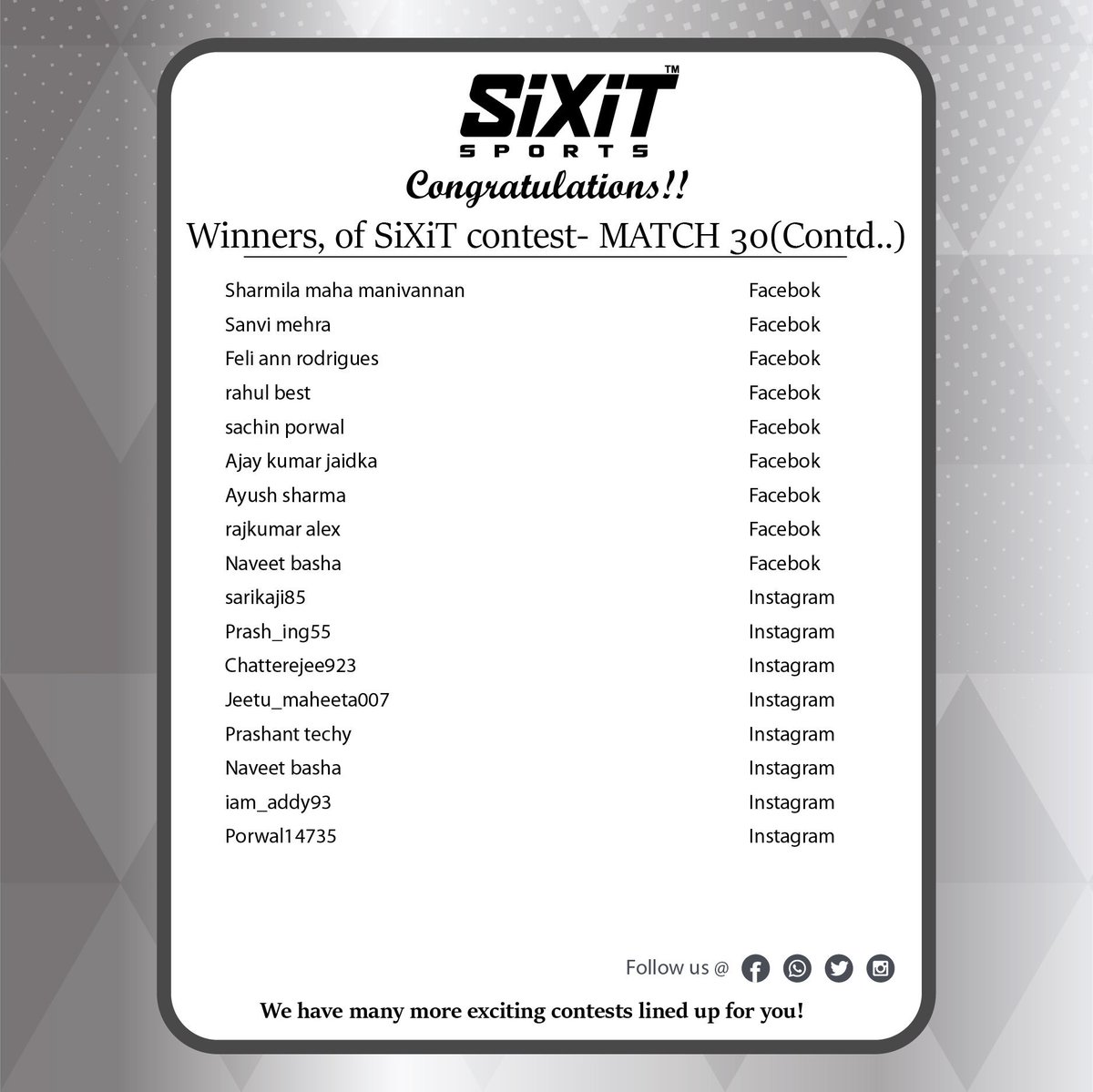 sixitsports's tweet photo. #Congratulations #Winners WorldCup2019 #match30 #Contest #SiXiT #PerformanceUnmatched, kindly request all Winners to fill their respective details in the link below and submit https://t.co/IUMUmaiO8n https://t.co/FLQknclW5U