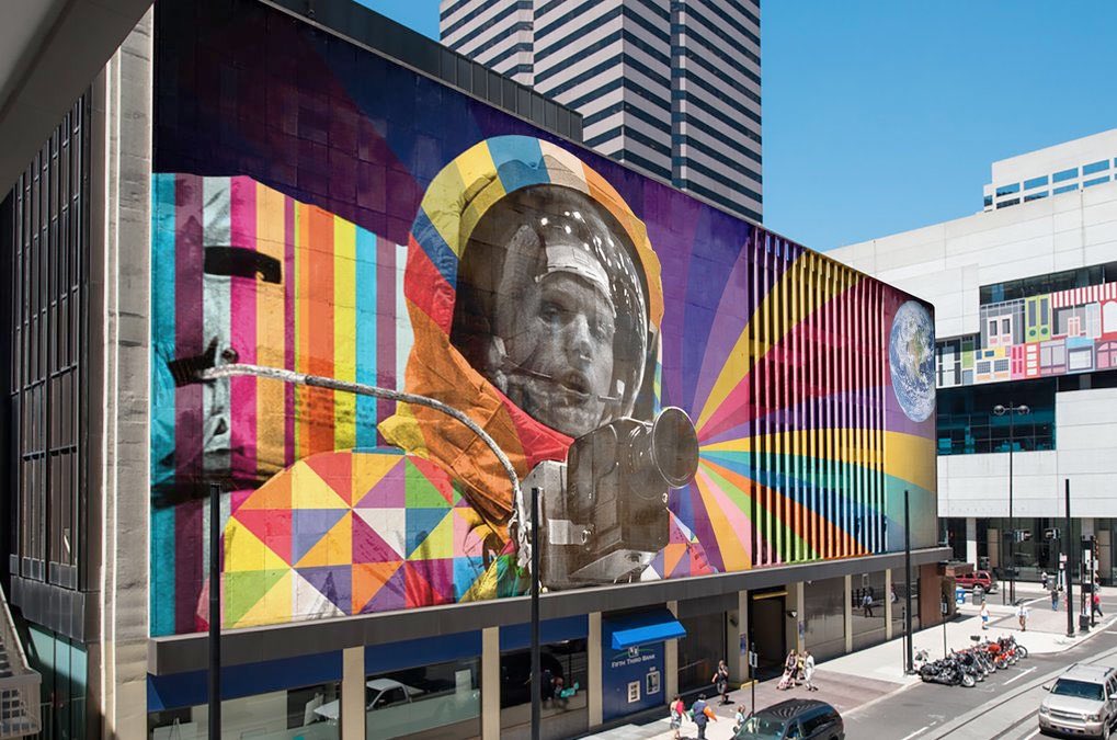 The Neil Armstrong mural on Walnut Street is just outside Fountain Square. The mural, designed by Brazilian artist Eduardo Kobra, honors Armstrong’s <a href="/NASA/">NASA</a> legacy. The Apollo astronaut grew up in Ohio and later in life taught aerospace engineering at UC. #Apollo11 #OneSmallStep