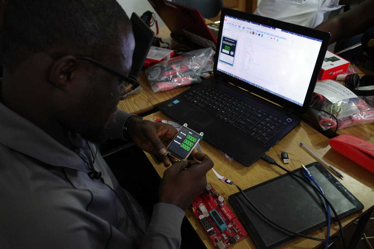 jimhaseloff's tweet photo. @OusmanSaidyB building an advanced multipage touchscreen interface for a DIY microplate reader at the @KumasiHive workshop in Ghana. Part of a team-based interface design challenge that was based on real projects in Kumasi, like: https://t.co/Pf7kghYV9n https://t.co/afqd4vGESd