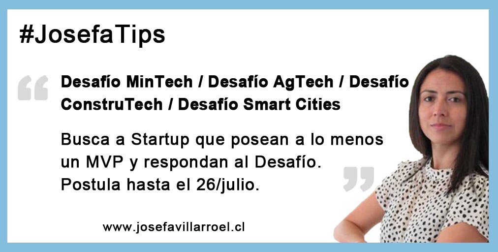 opem_cl's tweet photo. #JosefaTips Se buscan a Startups que posean a lo menos un MVP y respondan a uno de los 4 Desafíos de #InnovaSummit2019 .
@Innova360cl @AgendaGenero @JosVillarroel https://t.co/UkC5GOh3sE