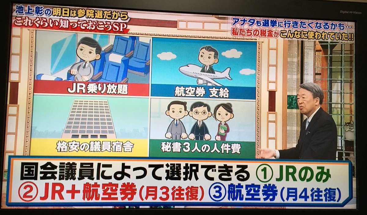 れんか໒ در توییتر 国会議員の特典 新幹線グリーン車タダで乗り放題 都心に格安議員宿舎 秘書3人までの手当 選挙に行こう 参院選19 池上彰