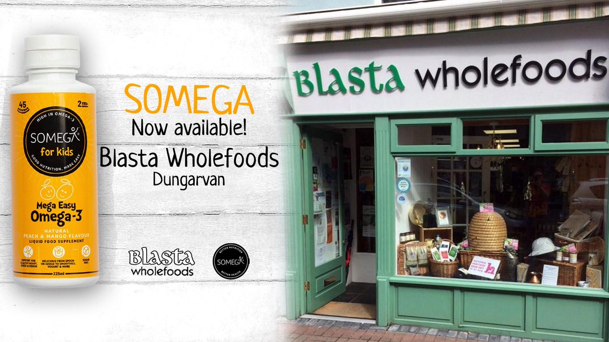 🌟 New Stockist 🌟

SOMEGA is now available in the fantastic Blásta Wholefoods store in Dungarvan 🎉

For a yummy, creamy, omega-3 supplement with super health benefits for kids (parents &amp; grandparents too!), just pop in and chat to Rob and Anne 🙂