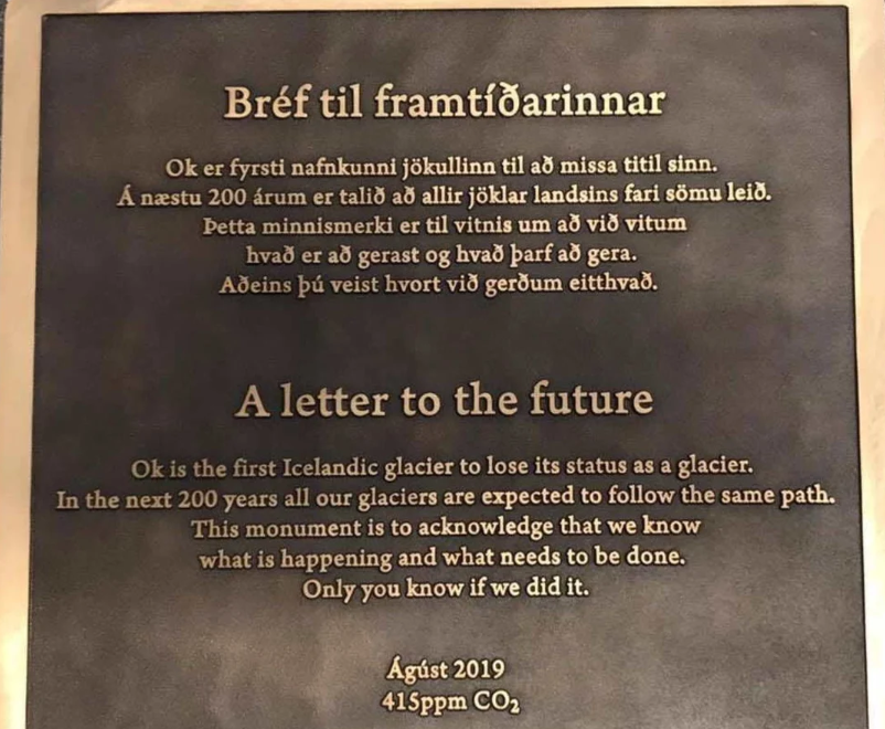 arvindpawan1's tweet photo. Iceland just erected a monument to their first glacier lost to climate change. "Only you know if we did it. -- 415 ppm". Today, it's a glacier, tomorrow, it could be entire cities. Stories like this remind us how much work we've got to do. https://t.co/6F21cQhq2B @blkahn https://t.co/zMnrEc5QDW